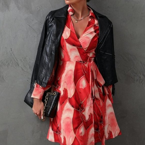 Allover Print Knot Side Wrap Long sleeve Dress red - Picture 3 of 7